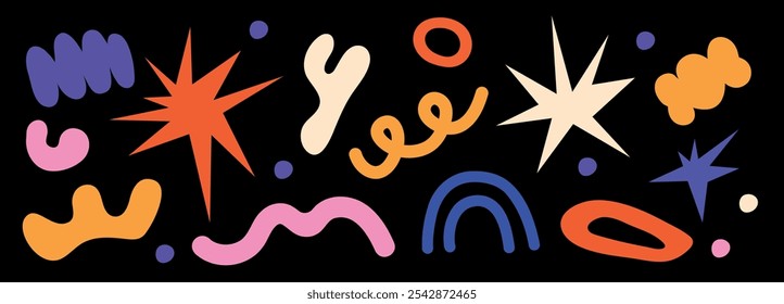 Collection and set of wave, curve, bubbles. Doodle. Hand drawn. Groovy. Liquid. Collage of abstract shapes. Geometric elements. Fluid splash spiral circles. Stickers in retro 90s style. 2000s. 