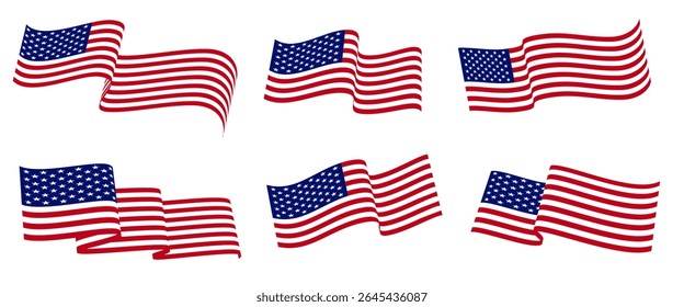 Collection set of waving American flags in various dynamic poses