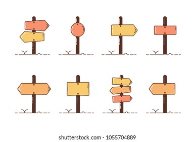 Collection set of wooden direction posts. Vector illustration icons with different roadpost styles.