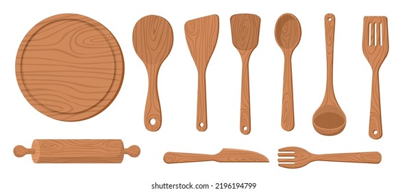 Conjunto de colección de utensilios de cocina de madera tablero de corte horquilla de arroz espátula rodillo 