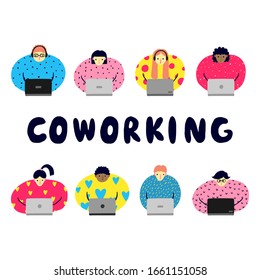 Collection set of working people with laptops. Colorful young men and women isolated on white background. Coworking place concept. Design for poster, banner, flyer. Vector stock illustration.