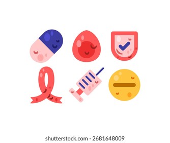 A collection or set of World AIDS Day themed asset elements. HIV awareness. Illustrations of injections, capsules, pills, shields, red ribbons, and blood drops. Flat design. Clip art, stickers