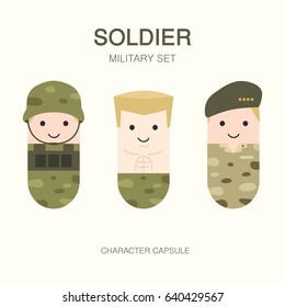 collection set of world war soldier with uniform, cute flat capsule character cartoon. military set.