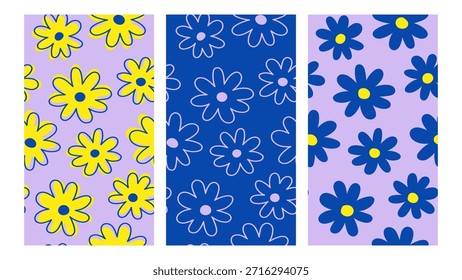 Collection set yellow blue flower seamless pattern in childish style. Simple abstract floral pattern, design for children's clothes, nursery, cover, background.