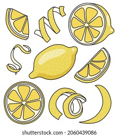 Collection set of yellow lemon and citrus fruits zest twist for menu, farmers market design, cocktail making process illustration, cookbook decoration etc. Doodle cartoon style vector illustration