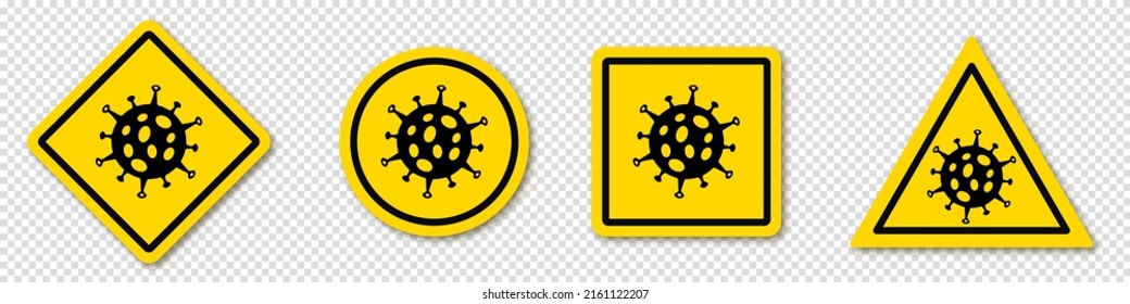 Collection set of yellow square, round, rhombic and triangular virus infection danger sign. Monkeypox prevention concept. Vector illustration on a transparent background.