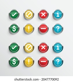 Collection sets of checkmark, void, cross, info, dollar, exclamation point, rejected, question mark glossy round icons - buttons in vector. Suitable for poll, voting, survey, pros and cons, rating.