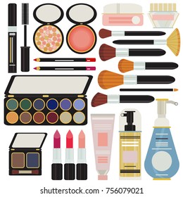 Collection of sets of cosmetics for women, makeup. Blush, powder, lip lip, blox for lips, shadows, pallets, mascara, makeup brushes. Beaut, glamour, fashion, self-care, women's day, spa  beauty salon.