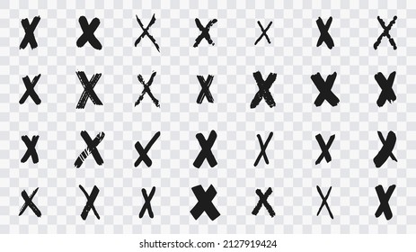 Collection Of Sets Of Crosses Drawn With A Brush. Ink Pencil Or Brush Painted Crosses. Doodle Sketches Isolated On Transparent Background. Collection Of 28 Hand Painted X Signs. Vector Illustration