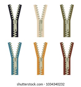 Collection sets icon of Sewing equipment, dressmaking and needlework accessories. Icons set with  zipper. Fashion industry clothing. Collection of different clothing zippers. Different colors, metal.