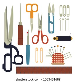 Collection sets of Sewing equipment, dressmaking and needlework accessories . Icons set with needle, tape measure, scissors, buttons, needles, threads, awl, hooks. Fashion industry clothing.