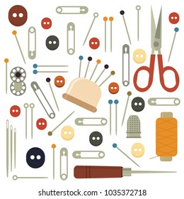 Collection sets of Sewing equipment, dressmaking and needlework accessories . Icons set with needle, tape measure, scissors, buttons, needles, threads, awl, pins, buttons. Fashion industry clothing.