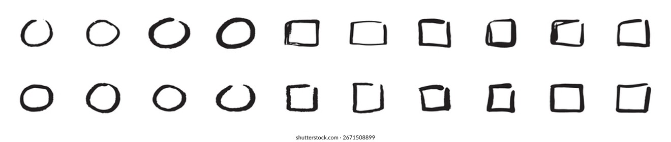 Collection of sets of squares drawn with a brush. Ink with a pencil or brush drew frames. Crosses and empty circle symbols for design elements, vector illustration.