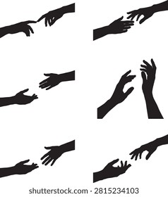 A collection of seven black silhouettes of hands reaching out towards each other, symbolizing connection, help, and unity.
