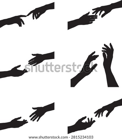A collection of seven black silhouettes of hands reaching out towards each other, symbolizing connection, help, and unity.