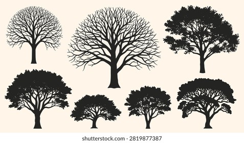 Collection of seven black stylized tree silhouettes featuring a variety of bare winter branches and full leafy deciduous canopies isolated on a neutral light background.