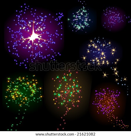 Collection of Seven Bright New Years Fireworks Explosions on Black