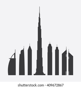 Collection of Seven Famous Skyscrapers Silhouette in Dubai: Burj Al Arab, Almas Tower, 23 Marina, Burj Khalifa, The Princess Tower, Elite Residence, Emirates Towers - For Editorial Use