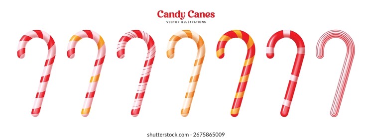 Collection of seven festive candy canes in red, gold, and striped patterns. Perfect for Christmas cards, packaging, decorations, and seasonal holiday design projects.