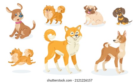 Collection of seven funny dogs of different breeds, poses and emotions. In cartoon style. Isolated on white background. Vector flat illustration.