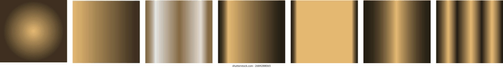 A collection of seven gradient swatches featuring shades of gold, bronze, and brown, with some displaying subtle metallic sheens and linear patterns isolated on transparent background
