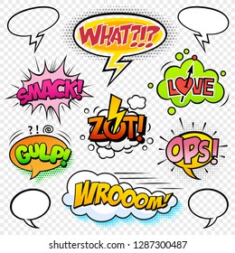 Collection of seven multicolored comic sound Effects
