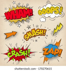 Collection of seven multicolored comic sound Effects with a grunge Print Style