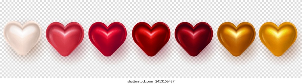 Collection of seven realistic 3d glossy red, pink, golden and white puffy heart on transparent background. Romantic glossy romantic hearts as a symbol of love for Valentines day celebration