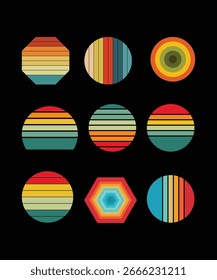 Eine Sammlung von sieben retro-inspirierten grafischen Elementen mit geschwungenen Streifen in verschiedenen Vintage-Farbpaletten.