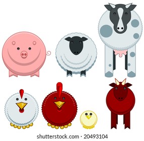 Collection of seven round cartoon farm animals