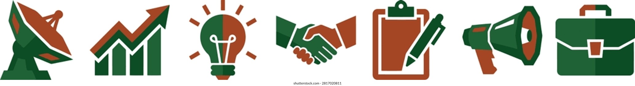 A collection of seven stylized flat icons depicting key business and marketing concepts, including connectivity, growth, innovation, partnership, planning, communication, and professionalism.