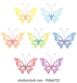 Collection of seven transparent butterflies, vector illustration, eps 10