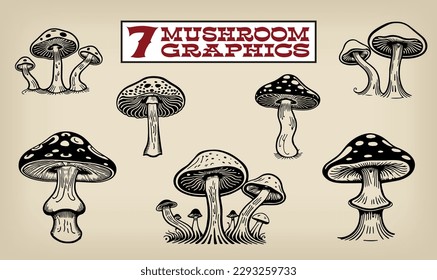 A collection of seven vintage style pen and ink graphics. Great for retro 1960s or 1970s designs, food graphics, or children's book spot illustrations.