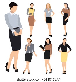 Collection of seven woman silhouettes, dressed in business style. Formal blouse, narrow skirt, high heels, different poses. Flat style vector image.