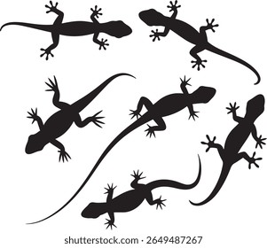 Uma coleção de várias silhuetas de lagarto preto espalhadas por um fundo branco