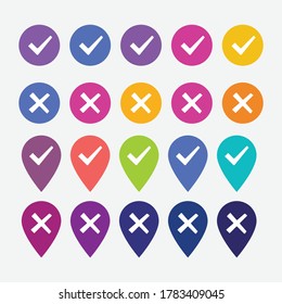 Colección de varios botones de color con un icono de marca de verificación. Ilustración vectorial.