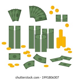 Collection of several different versions of banknotes and coins. Money vector illustration.