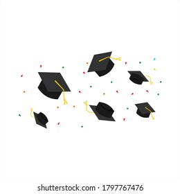 collection of several graduation caps with bursts of confetti