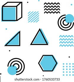 Collection of several symmetrical Geometric lines trending triangles, pentagons, curved lines, cubes, semicircles in bright blue good for template Design - Vector
