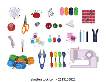 Collection of sewing accessories vector illustrations set. Cartoon doodles of tools for needlework. Thread, pins, buttons, needles, scissors isolated on white background. Fashion, embroidery concept