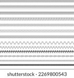 A collection of sewing and embroidery stitching elements for decorating clothes, shoes, bags. Set of decorative lines.
(overlock, interlock, zigzag, loop, double needle , cover edge, seam)