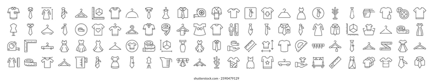 Collection of Sewing and Garment Related Line Icons. Editable Stroke for Design, Web Sites, Apps, Cards. Contains Linear Images of T Shirt, Dress, Tie, Measuring Tape, Rack 