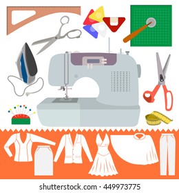 Collection of Sewing Items with Clothes Sihiouette. Set of cutting items for modeling dress. Sewing machine and other accessories for hand made hobby. Fashion tools in flat design. Vector illustration