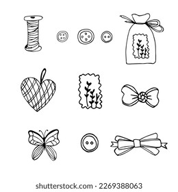 
collection of sewing items,button, thread,handmade, doodle