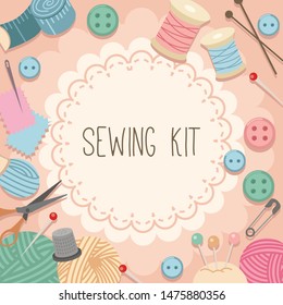 The collection of sewing kit set in pink background in flat vector style. Illustration about sewing kit .