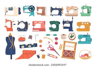 Collection Of Sewing Machines And Accessories. Threads, Spools, Fabric, Scissors And Sewing Tools For Crafting Projects