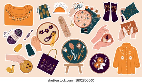 Collection of sewing and needlework stickers showing accessories, embroidery, yarn and assorted garments , colored vector illustration