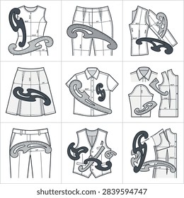 A collection of sewing pattern making tools displayed on various garment designs and sketches.
