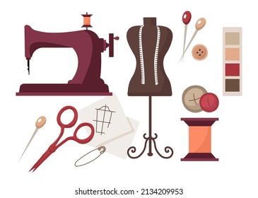 Collection of sewing. Set of elements for tailoring. Social media stickers, tools, thread and needles. Craftsmanship and spool. Cartoon flat vector illustrations isolated on white background