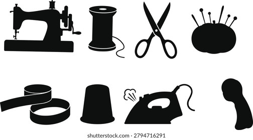 Collection of sewing and tailoring tool silhouettes including a sewing machine, scissors, thread spool, pincushion, measuring tape, thimble, iron, and seam ripper. Perfect for craft projects, fashion design, tailoring services, textile branding, and DIY sewing illustrations